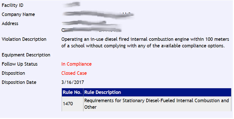 Violation: Emission Limits When Operating Near a School