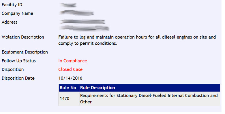 Violation: Not Keeping Records of Equipment Operation